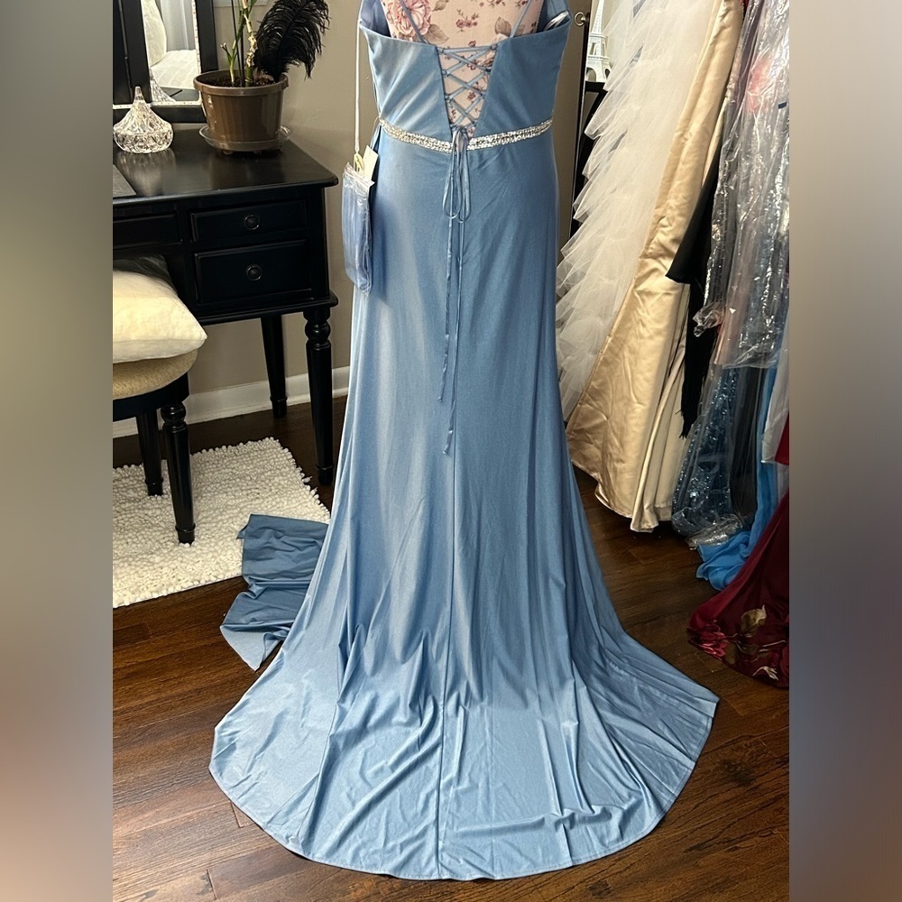 💎Stunning Dancing Queen Gown Blue Side Drape Slit Corset Evening Formal XL 12 - Picture 4 of 11